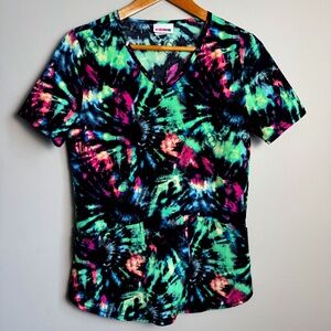Scrubstar Women's Short‎ Sleeve V-Neck Scrub Top Abstract Tie-Dye Multicolor S